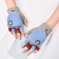 Kids warm knitted flip top gloves in grey and blue with a cute robot patch - 5-14 Years / Robot Grey