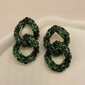 Vintage style gold earrings featuring green rhinestone chain links on a white tray - Dark Green Chain