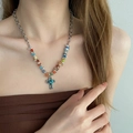 Cross necklace with colorful crushed stones and blue gemstone pendant on a silver chain - Colorful Gravel Blue Cross Necklace