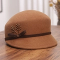 Caramel wool cloche hat for women with ribbon bow and golden wheat embroidery detail - M (56-58cm) / Caramel color