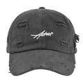 Detailed close-up of the vintage distressed black baseball cap with Asher embroidery - Adjustable / Gray