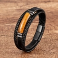 Macro detail of multi-layer leather bracelet with tiger eye stone and magnetic clasp - 19cm / Black Leather With Rectangle Tiger Eye