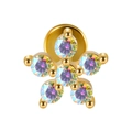 Joyas de piercing flor dorada con seis opalescentes irisados y base trasera plana - 1.2x6mm / Dorado-Flor de 6 Circon AB