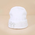White knitted beanie with black outline cross embroidery and folded brim for winter - Double Cross Embroidery / White