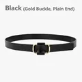 Minimalist black genuine leather belt with a square golden buckle for women - Black (Gold Buckle Flat Tail)