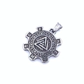 Detail of silver Viking Valknut pendant with Celtic knots and Nordic runes engraving - Type C Gear Rune Pendant (No Chain)