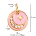 Pink enamel round pendant charm with crescent moon and star for DIY jewelry making - Star Moon Theme-Pink Small