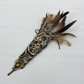 Gothic black gold lace arm warmer with dark brown feathers and yellow gemstone detail - Brown