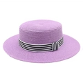 Detail of purple flat top straw boater hat with black and white striped ribbon - M (56-58cm) / Taro Purple