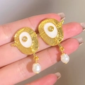 Vintage geometric gold earrings with white inlay and teardrop pearl charms - Gold Vintage Artificial Pearl Earring Style (K-186)