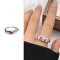Retro S925 silver open ring with pink heart zircon and wave design for Y2K style - 163 Colorful Zircon