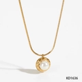 Golden stainless steel necklace with round pearl pendant and quilted pattern KD1636 - Quilted Pattern Pearl Pendant Necklace / Gold Necklace (KD1636)