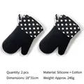 Thick black silicone oven mitts with white polka dot cotton trim, 1 pair 18x31cm - Left and Right Hand Combination / Full Silicone Palm Black Polka Dot