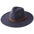 Dark blue wide brim felt fedora hat with a brown leather band and metallic buckle - Adult 58cm One Size / Dark Gray