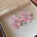 Detailed shot of pink resin flower earrings with pearls and crystals in a jewelry box - Pink Flower Pearl Rhinestone (17# Silver Earring Post)