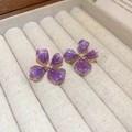 Elegant purple flower stud earrings with pearl centers displayed in a beige velvet gift box - Purple Pearl Flower Studs