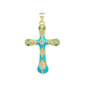Ciondolo a croce placcato oro 18K con smalto turchese e pietre micro-pavé scintillanti - Croce di serpente in smalto blu lago