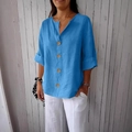 T-shirt blu da donna in cotone e lino con scollo a V e grandi bottoni decorativi - Fibbia Blu Pavone A 4 Pezzi 8033# / 3XL