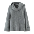 Women's loose grey knit sweater with an oversized cowl neck and cuffed sleeves - One Size / Light Gray