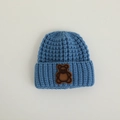Blue knit baby winter beanie with a cute brown bear patch and folded brim - 44-48cm(8M-2Y) / Blue Animal Collection