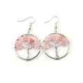 Detailed view of silver wire tree of life earrings with pink crystal stone inlay - 3cm / Silver + Rose Quartz