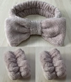 Light brown plush headband with bow and wrist washbands set on wooden background - Dark Coffee Headband & Wristbands Set