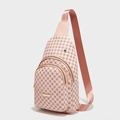Pink crossbody sling bag with geometric pattern, dual front zippers and gold metal hardware - Dot Pink