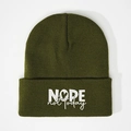 Close-up of olive green ribbed beanie showing white NOPE not today embroidery detail - Army Green