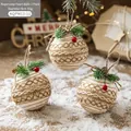 Set of 3 rustic Christmas balls with beige woven rope, pine needles and red berries, 8cm size - Style J-Beige Rope Woven Foam Balls 3Pcs / Diameter 8cm