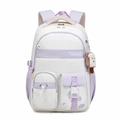 Student backpack in white and purple patchwork with multiple pockets and plush pendant - Single Item / Light Purple