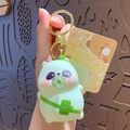 Porte-clés panda vert mignon avec paillettes et petit sac bambou sur un anneau doré - Panda Vert Soufflant des Bulles / 1 Pièce / Vert