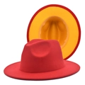 Detail view of red fedora hat featuring a vibrant yellow interior and brim lining - M (56-58cm) / Red + Yellow