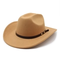Detail of camel wool felt fedora featuring a brown leather band and gold rivet accents - M (56-58cm) / Camel