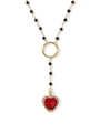 Elegante collana a Y dorata con perle sfaccettate nere e ciondolo a cuore in zircone rosso - Oro/Cuore Rosso/Perline Nere
