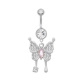 Silver stainless steel belly button ring with pink and clear cubic zirconia butterfly - Silver Butterfly (Pink Stone)