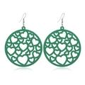 Close-up of green hollow heart wooden earrings with round geometric design on white background - #7 Green Hollow Heart Style