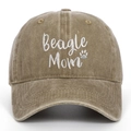 Washed khaki baseball cap featuring white Beagle Mom embroidery and paw print design - Khaki