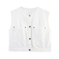 Gilet di jeans bianco senza maniche da donna con bottoni a rivetto e classico girocollo - S / Bianco
