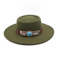 Army green wide brim flat top wool felt hat with ethnic leather band and turquoise stone - M (56-58cm) / Army Green