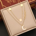 Close-up of double-layer gold star and moon necklace with inlaid mother of pearl pendant - Double Layer Shell Star Moon Style (7#)