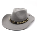Detail view of charcoal gray felt cowboy hat featuring bronze bull head metal emblem buckle - M (56-58cm) / Gray