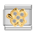 Italian modular charm link in silver and gold featuring a sparkling clover design - Silver Base Gold Gem Clover