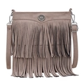 Vintage brown suede shoulder bag with long fringes and adjustable strap on white background - Khaki