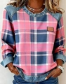 Detail of blue and pink plaid denim patchwork sweatshirt with leather logo patch - 3XL / Pink