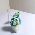 Handmade crochet peony flower in blue with yellow stamen and white bubble base stand - Small Blue Peony / Single Stem Finished
