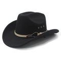 Classic black western cowboy felt hat with beige belt and golden buckle in a 45-degree view - M(56-58cm) / Black