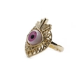 Golden evil eye ring with pink iris and zircon accents in a side-view studio shot - Pink