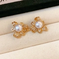 Golden bow-shaped stud earrings with small diamonds and a center white pearl - 9# Silver Earring Post Micro-Inlaid Zirconia Flower Pearl Studs