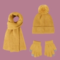 Detail of ginger yellow knitted winter set featuring scarf, pom pom hat and touchscreen gloves - One Size / Yellow