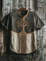Detailed close-up of Tree of Life embroidery on vintage charcoal and khaki t-shirt - S / Dark Grey & Khaki Patchwork (Tree of Life)